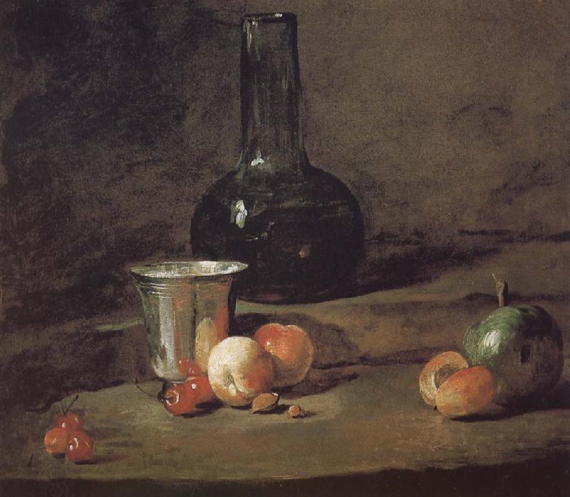 Jean Baptiste Simeon Chardin Wine glass bottles fitted five silver Cherry wine a two peach apricot, and a green apple China oil painting art